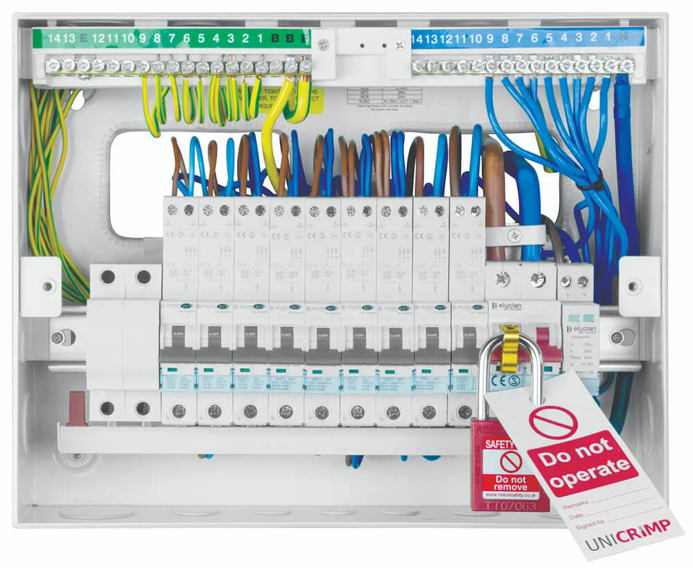 Fully wired Scolmore Click Elucian consumer unit with RCBO and SPD.