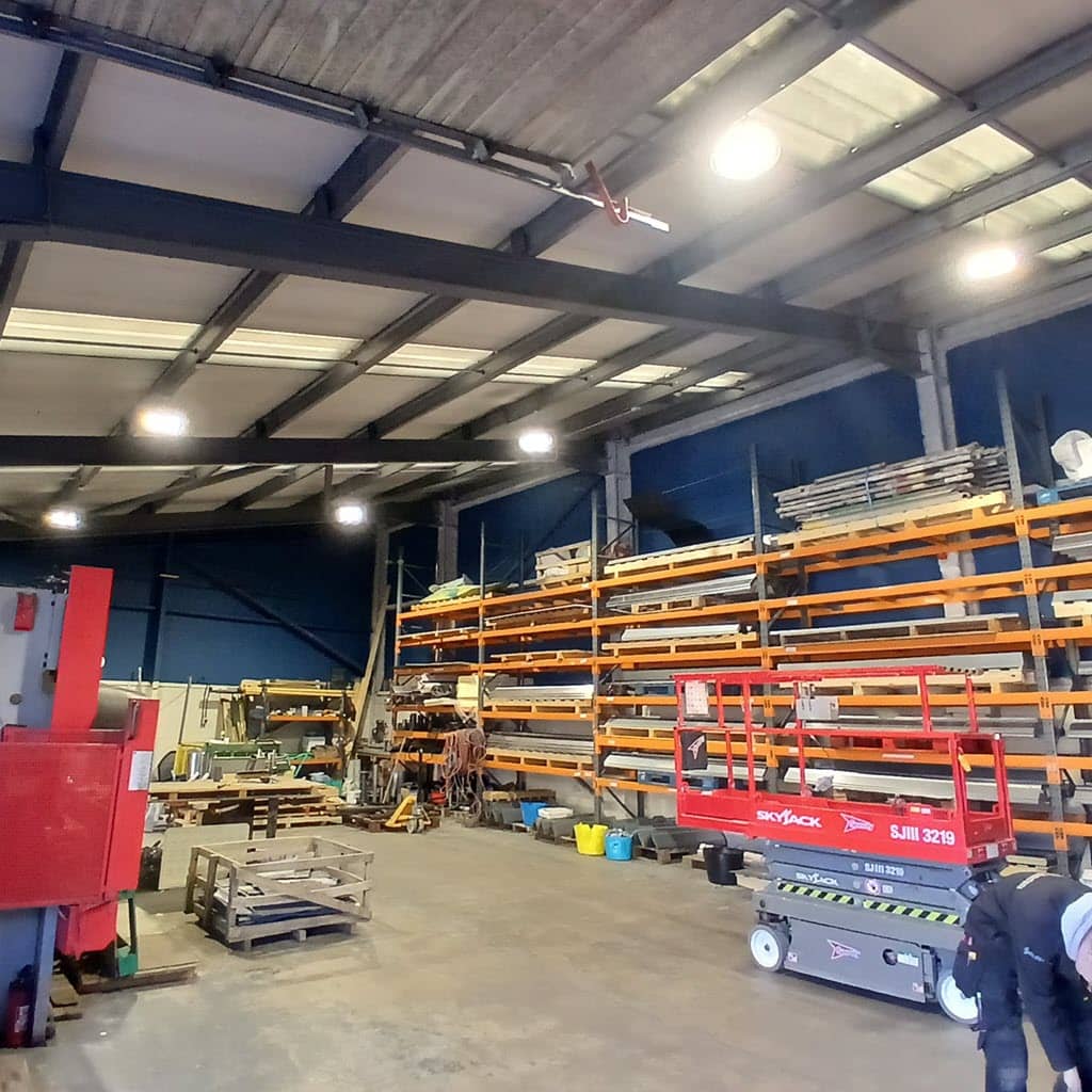 High bay warehouse lighting installed at Dunedin Building Merchants in Edinburgh.