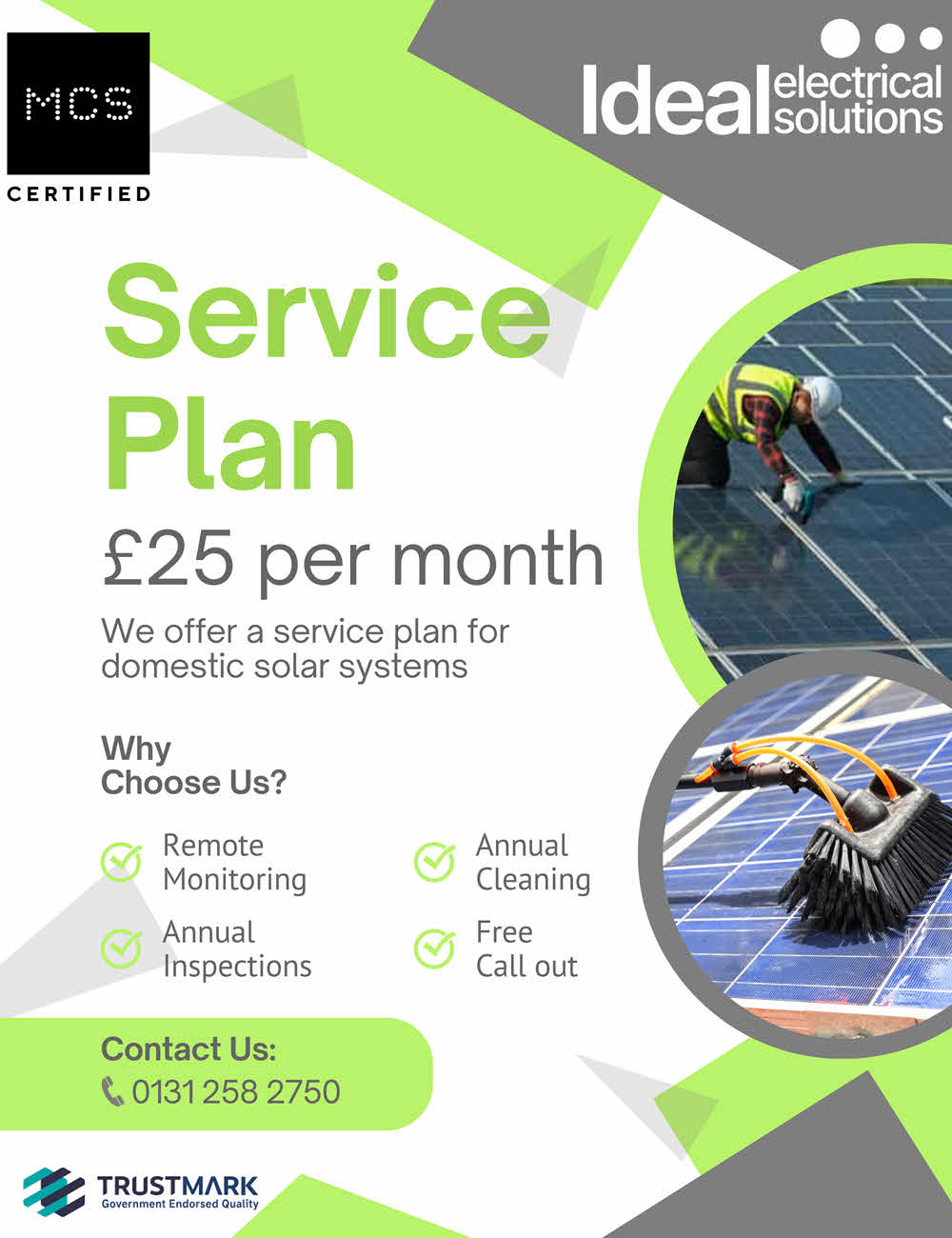 Ideal Electrical offer a domestic solar panel service and cleaning plan.