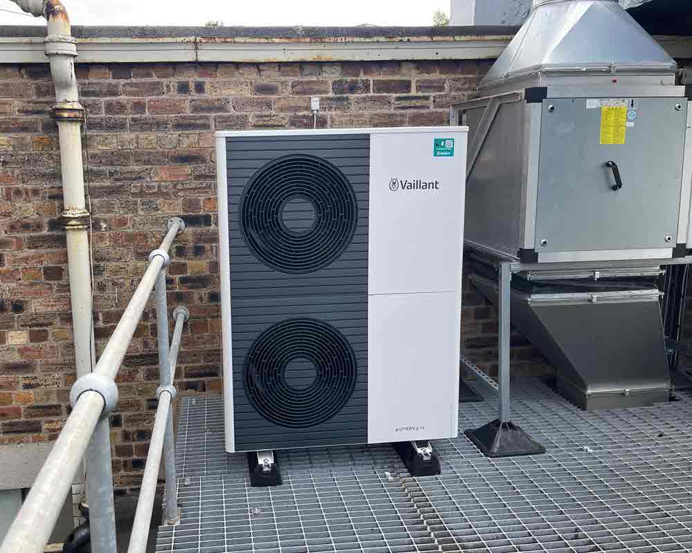 Commercial air source heat pump installed in Edinburgh.