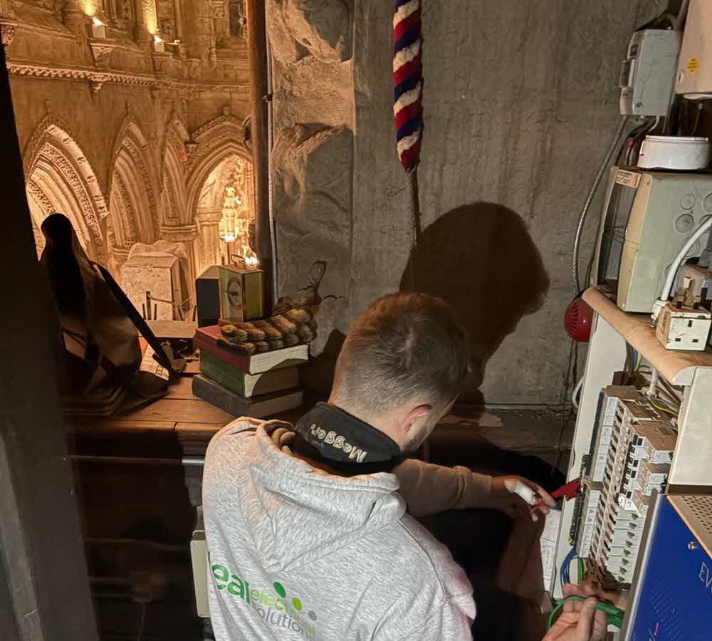 Electrician conducting an EICR test with a great view in Rosslyn chapel.