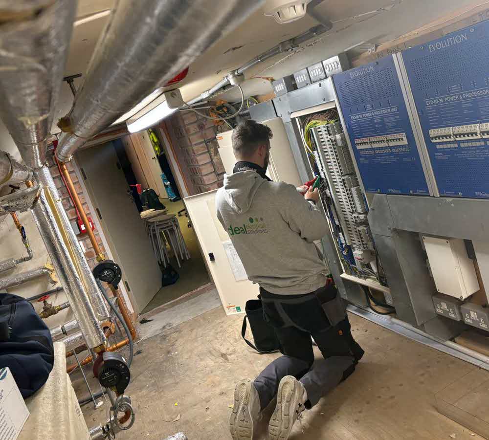 Testing electrical systems down in the crypt at Rosslyn Chapel.